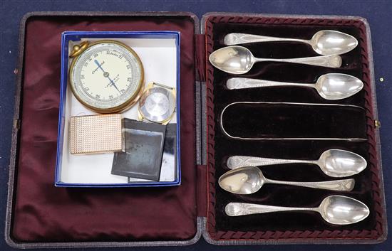 A cased set of silver Georgian spoons, a WWII altimeter, a Dupont lighter, two slides and a watch